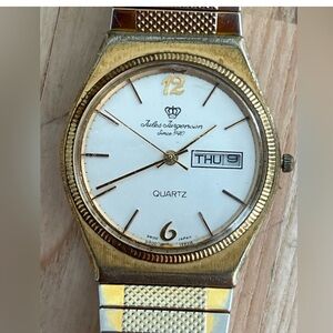 Jules Jurgensen Men's Vintage Watch Gold Stretch Bracelet White Dial Date Window